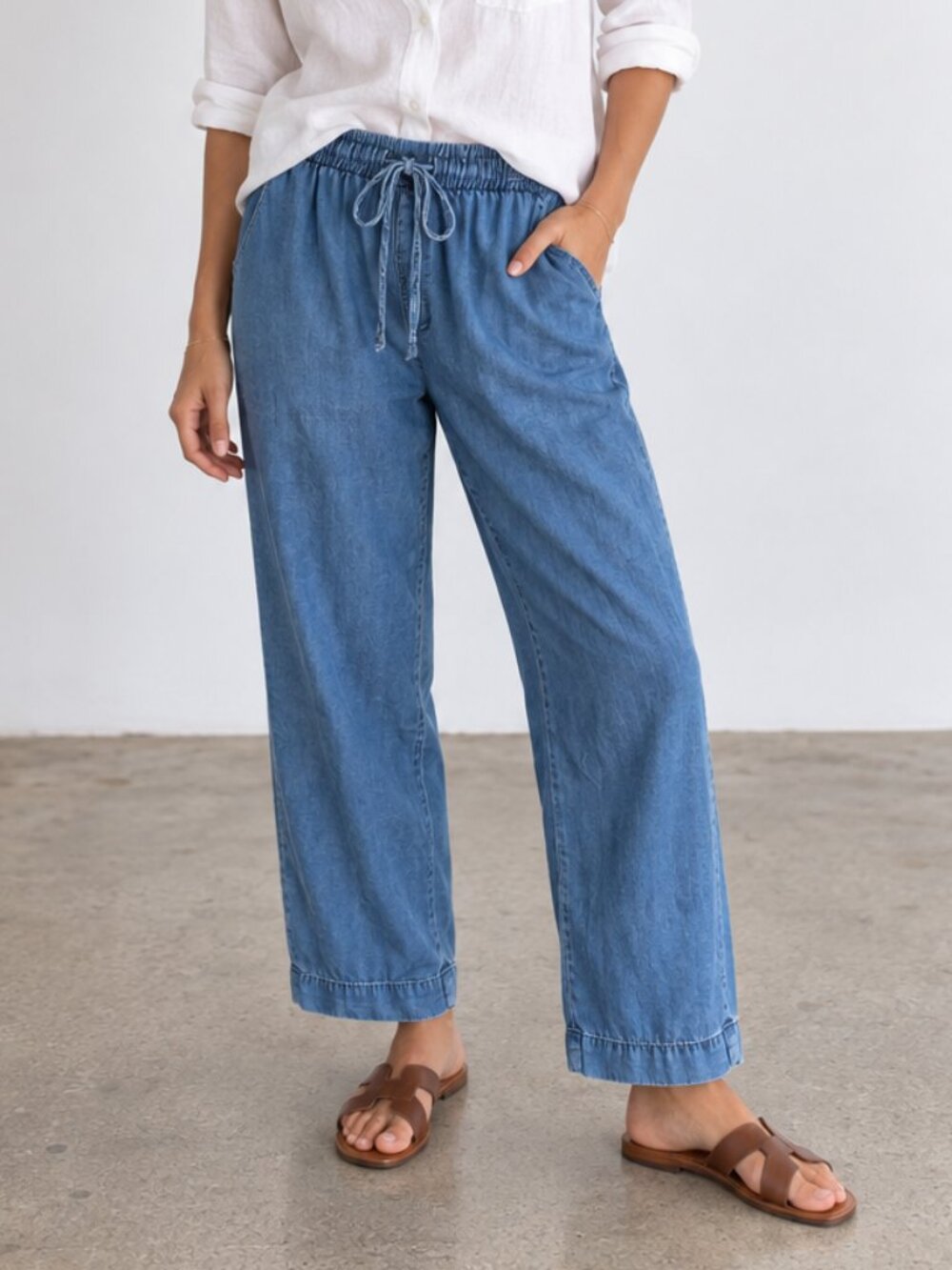 FOR THE REPUBLIC Tencel Lyocell Chambray Blue Drawstring Hi-Rise Ankle Soft Pant